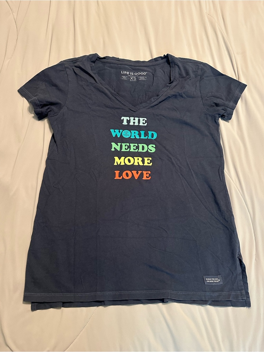 Life Is Good Navy V-Neck Tee with Multicolor 'The World Needs More Love' Text